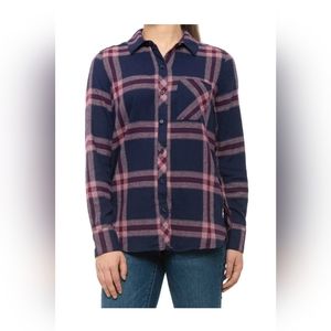 Women's XXL Woolrich Cotton Flannel Plaid Button Up Collared Shirt Purple Rose